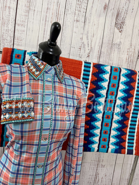 Tangerine, Turquoise & Royal Blue Plaid Day Shirt Set (Sizes Small-3XL)