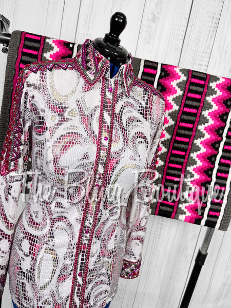 White, Fuchsia, Gunmetal & Black Metallic Snakeskin Day Shirt Set (Medium)
