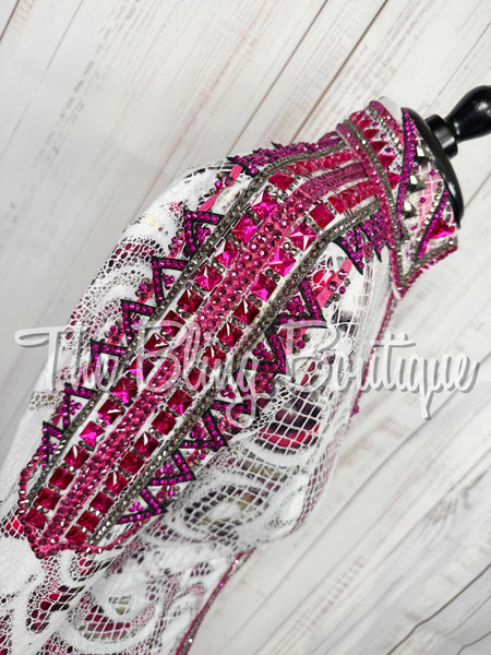 White, Fuchsia, Gunmetal & Black Metallic Snakeskin Day Shirt Set (Medium)