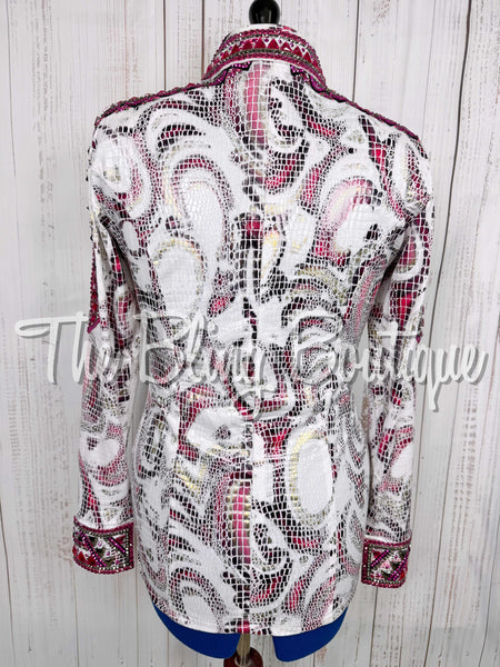 White, Fuchsia, Gunmetal & Black Metallic Snakeskin Day Shirt Set (Medium)