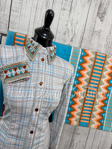 Cream, Turquoise & Peach Plaid Day Shirt Set (Sizes Small-3XL)