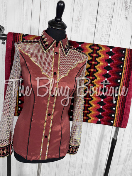 Rose Mauve, Tan, Black & White Day Shirt Set With Crystal Mesh Sleeves (Small)