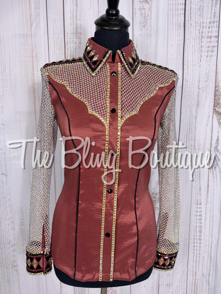 Rose Mauve, Tan, Black & White Day Shirt Set With Crystal Mesh Sleeves (Small)