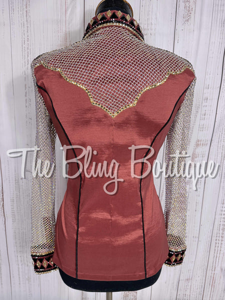 Rose Mauve, Tan, Black & White Day Shirt Set With Crystal Mesh Sleeves (Small)
