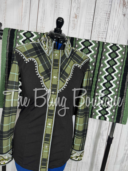 Black, Olive Green, Sage Green & Grey Plaid Day Shirt Set (Large)