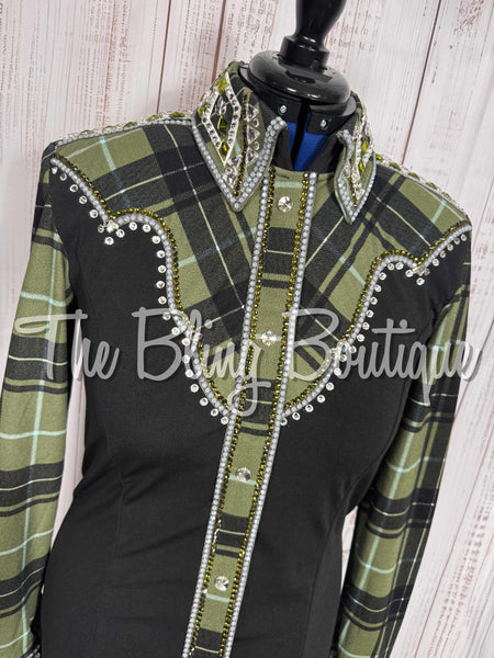 Black, Olive Green, Sage Green & Grey Plaid Day Shirt Set (Large)