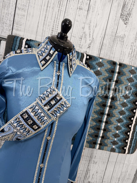 RE-ORDER Periwinkle, Slate Blue & Black Day Shirt Set  (Choose Your Size)