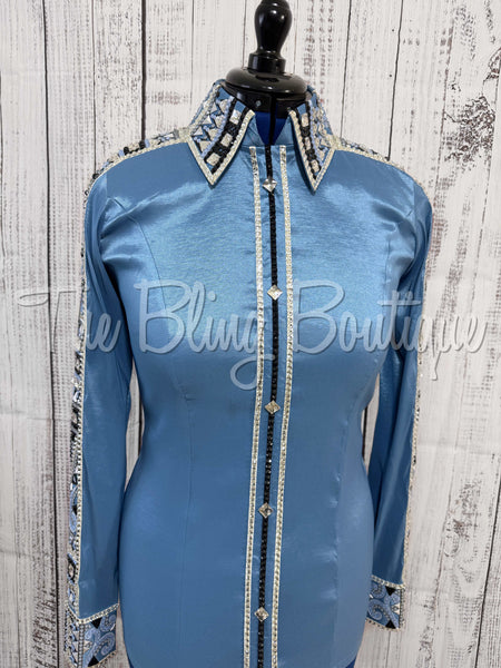 RE-ORDER Periwinkle, Slate Blue & Black Day Shirt Set  (Choose Your Size)