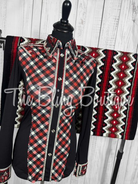 Black, Red, Grey & White Plaid Day Shirt Set (Small)