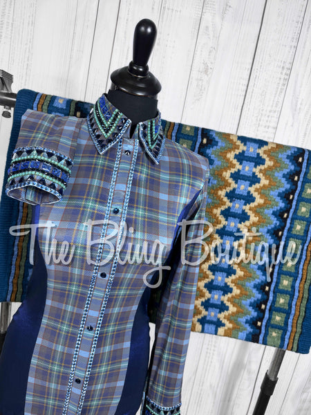 Navy Blue, Periwinkle Blue & Soft Green Plaid Day Shirt Set (Small)