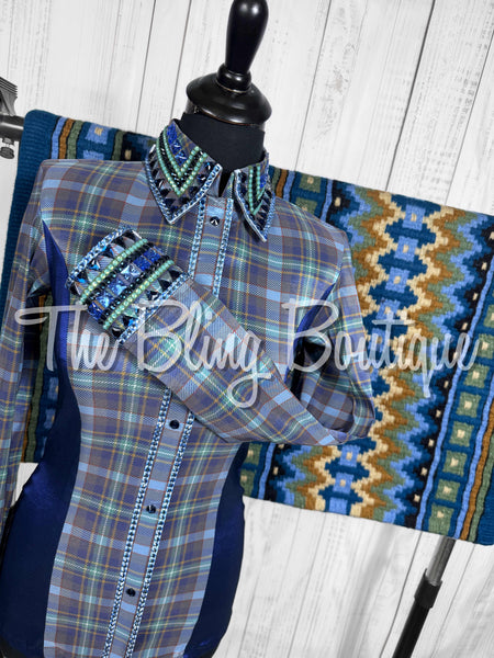Navy Blue, Periwinkle Blue & Soft Green Plaid Day Shirt Set (Small)