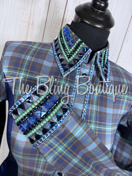 Navy Blue, Periwinkle Blue & Soft Green Plaid Day Shirt Set (Small)