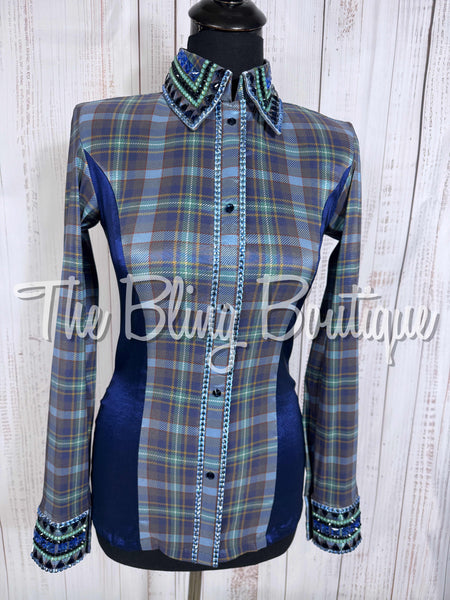 Navy Blue, Periwinkle Blue & Soft Green Plaid Day Shirt Set (Small)