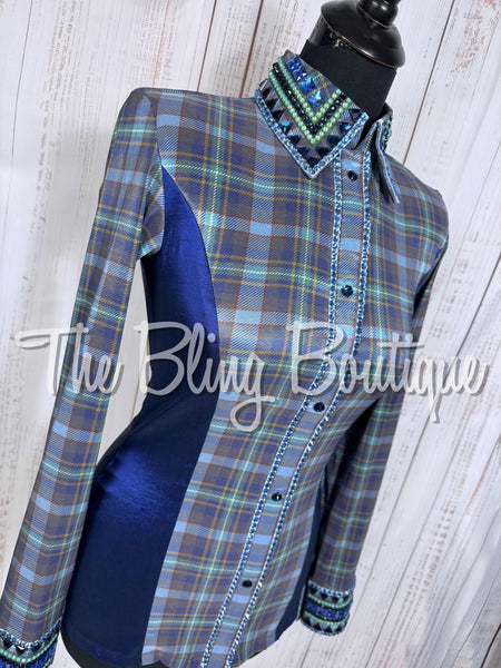 Navy Blue, Periwinkle Blue & Soft Green Plaid Day Shirt Set (Small)