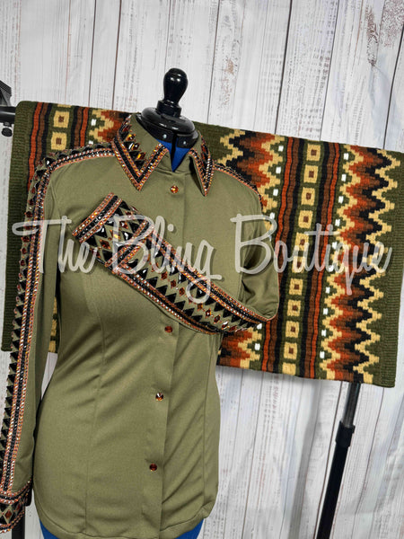 Olive Green, Black & Copper Day Shirt Set (Large)
