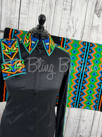 Black, Turquoise, Orange & Lime Green Day Shirt Set (L)