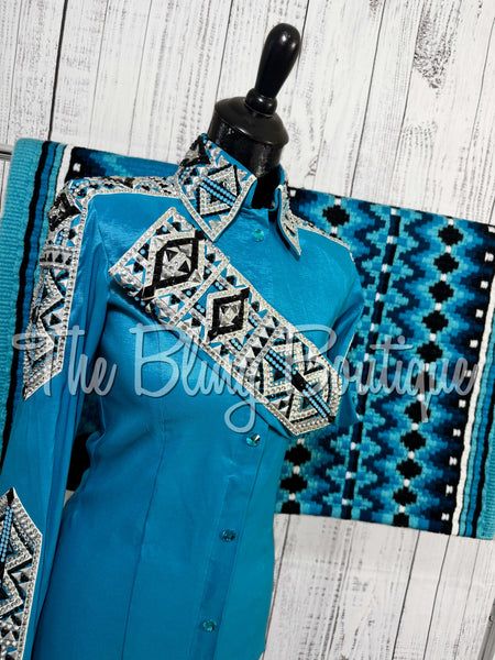 Dark Turquoise, Black & White Day Shirt Set (Small)