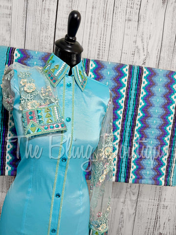 Aqua, Orchid & Mint Day Shirt Set With Sheer Beaded Sleeves (S)