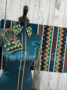 Dark Teal & Tan Day Shirt Set With Sheer Beaded Sleeves (S)