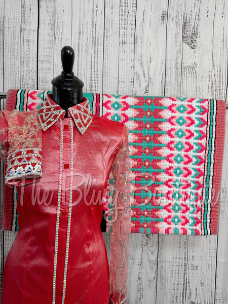 Coral & White Day Shirt Set With Beaded Sheer Sleeves (M)