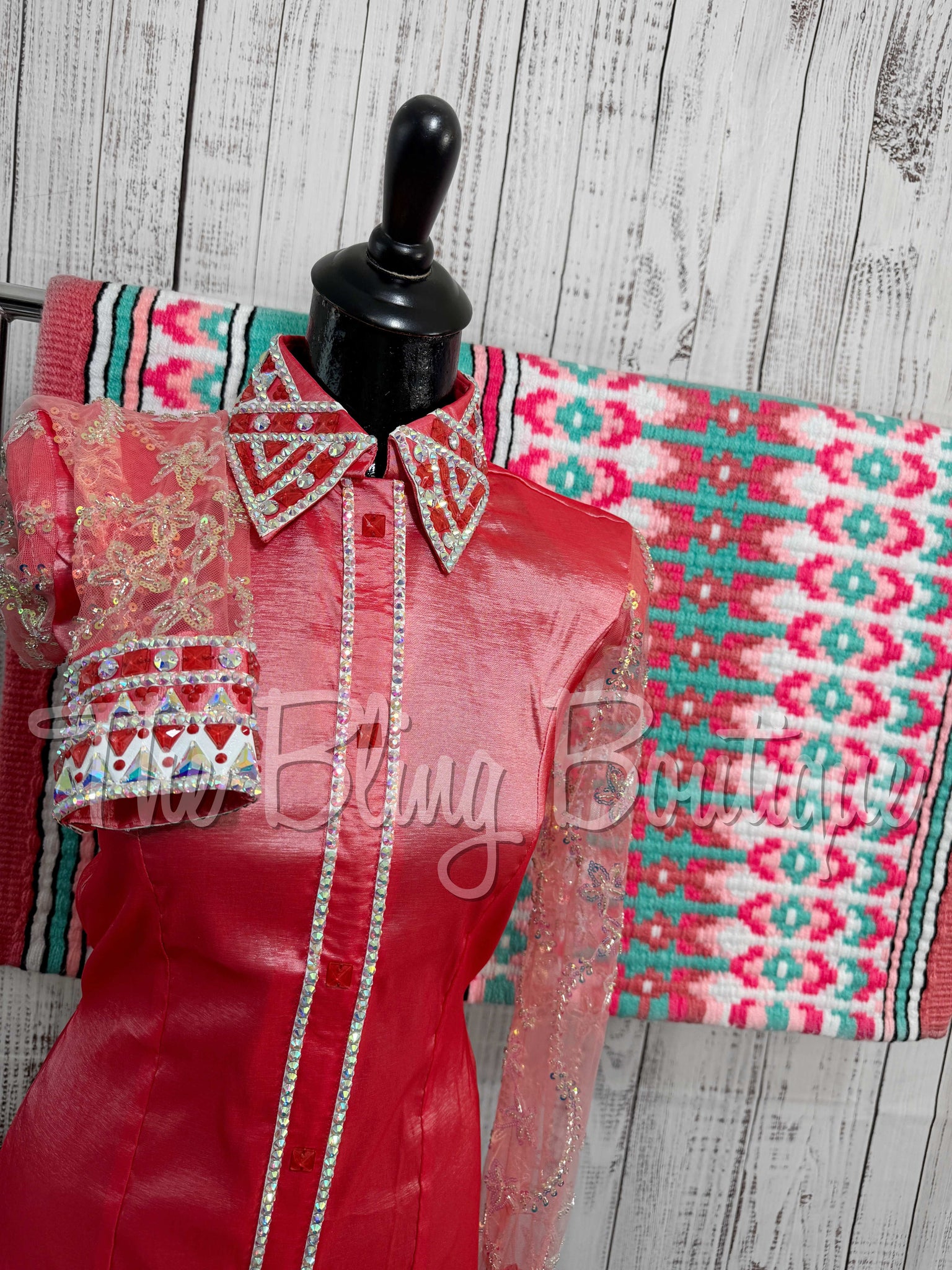Coral & White Day Shirt Set With Beaded Sheer Sleeves (M)
