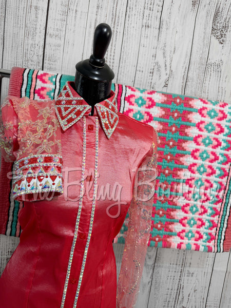 Coral & White Day Shirt Set With Beaded Sheer Sleeves (M)