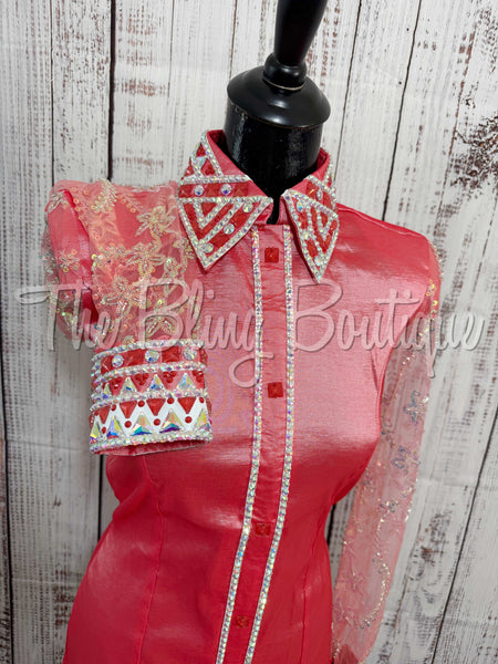 Coral & White Day Shirt Set With Beaded Sheer Sleeves (M)