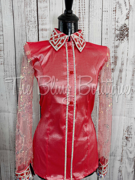 Coral & White Day Shirt Set With Beaded Sheer Sleeves (M)
