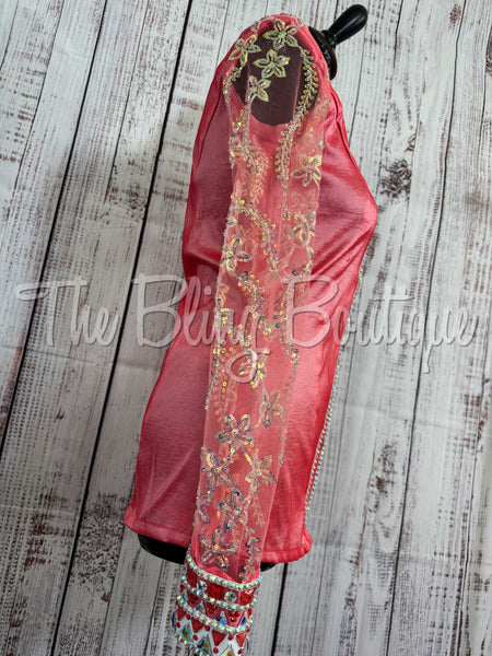 Coral & White Day Shirt Set With Beaded Sheer Sleeves (M)