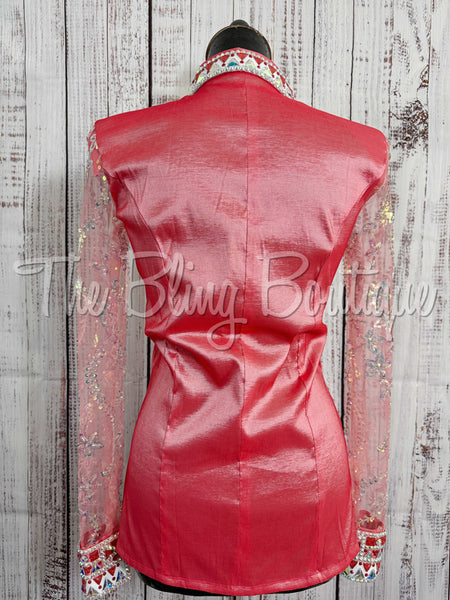 Coral & White Day Shirt Set With Beaded Sheer Sleeves (M)