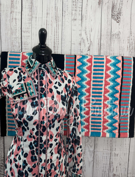 White, Coral & Turquoise Leopard Day Shirt Set (Sizes Small-3XL)