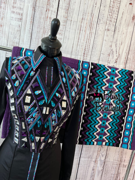 Black, Purple & Teal 3 Piece Bolero Vest Set (S)