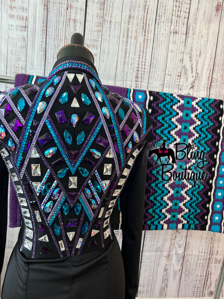 Black, Purple & Teal 3 Piece Bolero Vest Set (S)