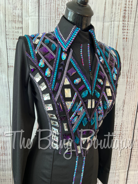 Black, Purple & Teal 3 Piece Bolero Vest Set (S)