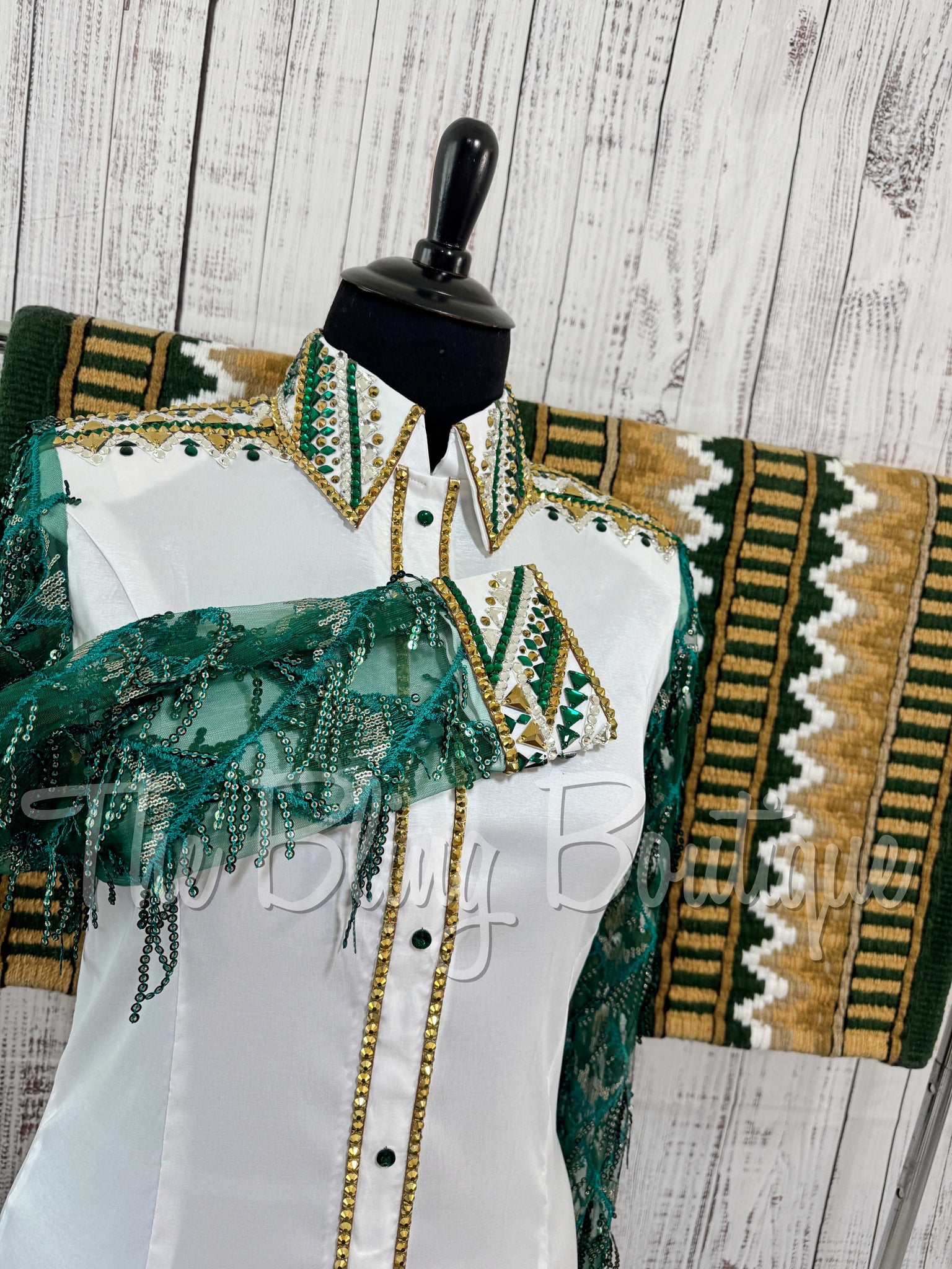 White, Hunter Green & Gold Day Shirt Set With Sheer Sleeves (2XL)
