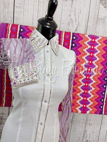 White, Purple & Lavender Day Shirt Set With Sheer Sleeves (S)