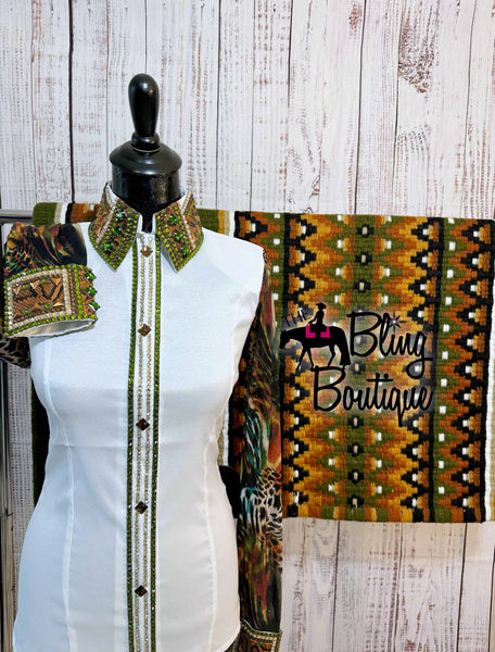 White, Olive Green & Rust Day Shirt Set With Sheer Sleeves (XL)