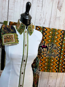 White, Olive Green & Rust Day Shirt Set With Sheer Sleeves (XL)