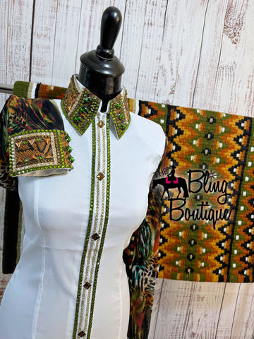 White, Olive Green & Rust Day Shirt Set With Sheer Sleeves (XL)