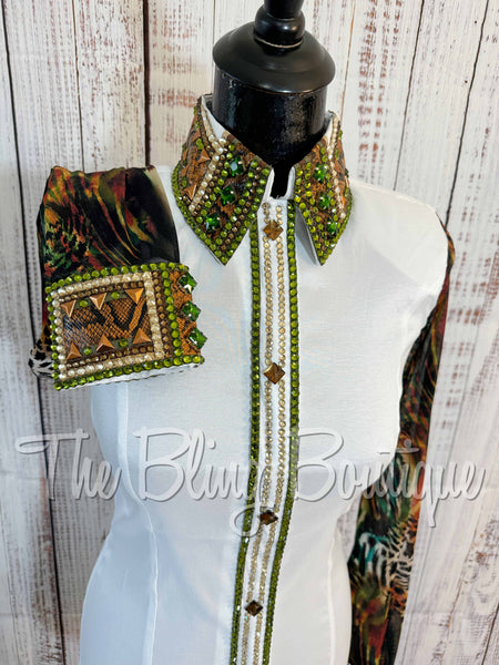 White, Olive Green & Rust Day Shirt Set With Sheer Sleeves (XL)