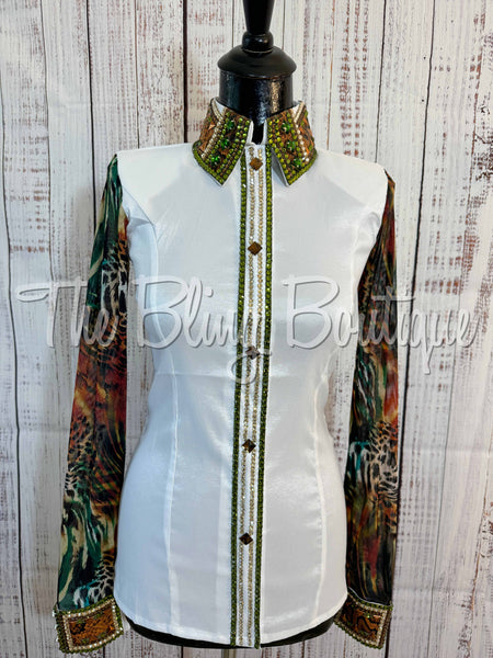 White, Olive Green & Rust Day Shirt Set With Sheer Sleeves (XL)