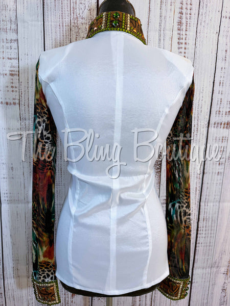 White, Olive Green & Rust Day Shirt Set With Sheer Sleeves (XL)