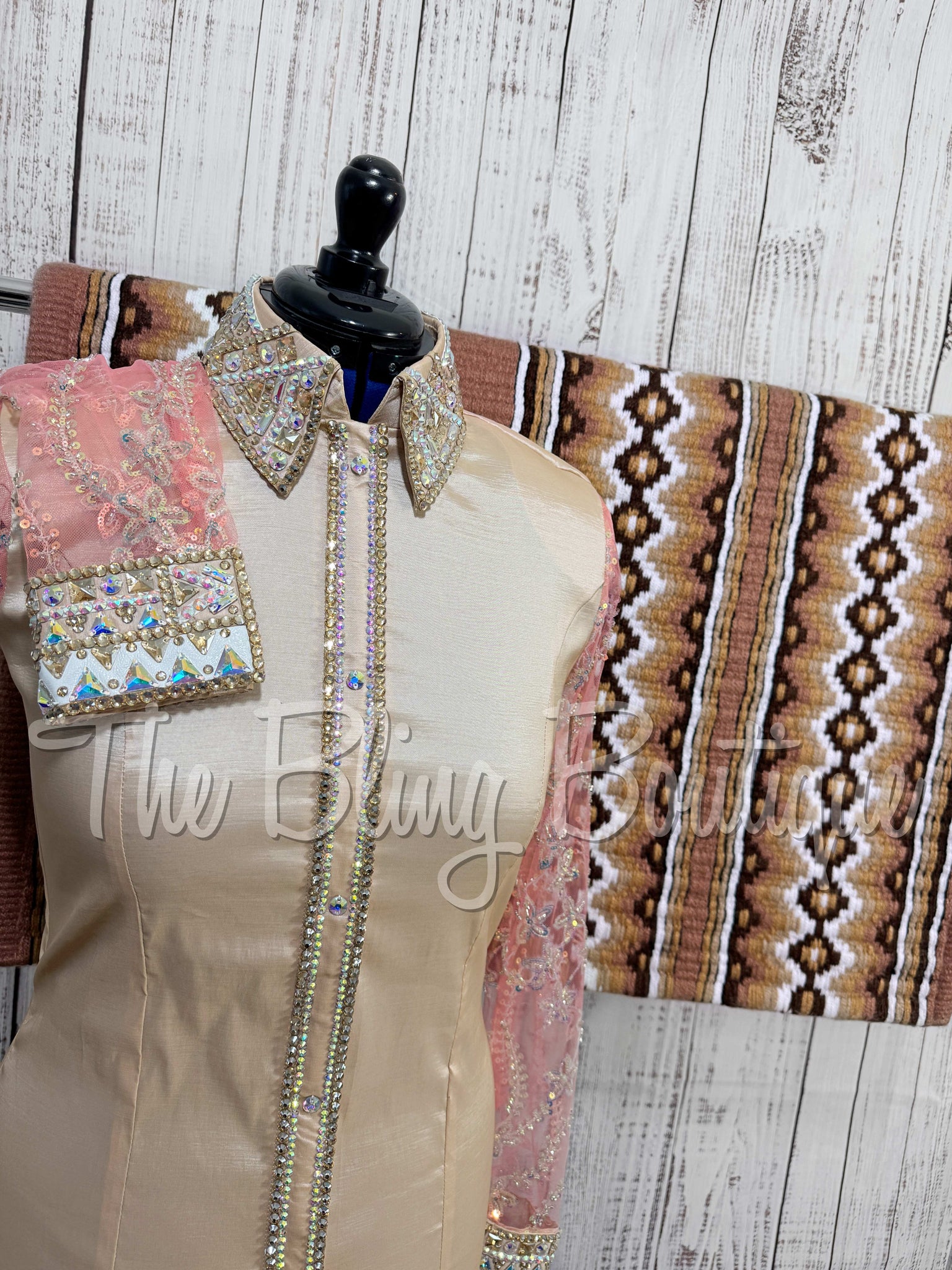 Shades Of Tan, Cinnamon & Touch A Of Pink Day Shirt Set With Beaded Sheer Sleeves (L)