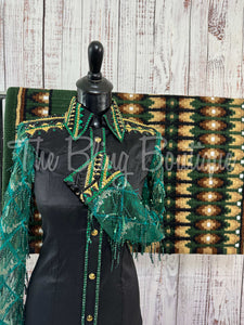 Black, Dark Green & Gold Day Shirt Set With Sheer Lace Sleeves (S)