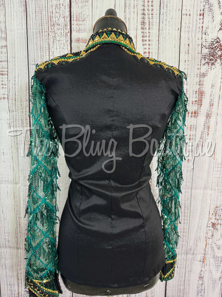 Black, Dark Green & Gold Day Shirt Set With Sheer Lace Sleeves (S)