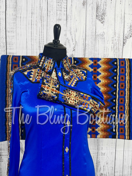 Royal Blue, Copper, Tan, Brown & Black Aztec Day Shirt Set (XL)