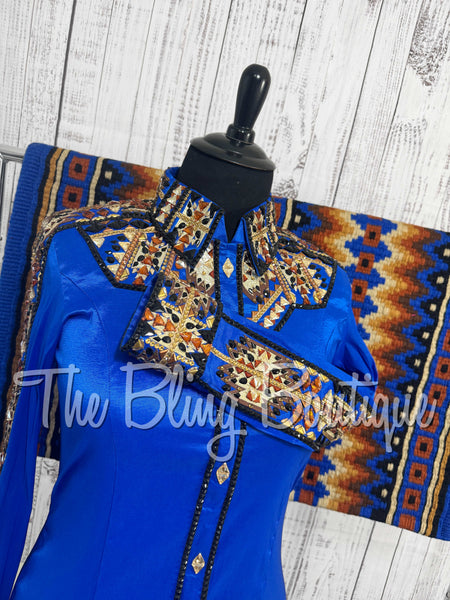 Royal Blue, Copper, Tan, Brown & Black Aztec Day Shirt Set (XL)