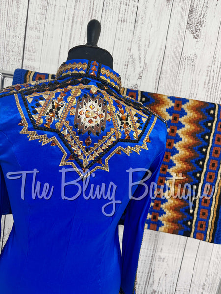 Royal Blue, Copper, Tan, Brown & Black Aztec Day Shirt Set (XL)
