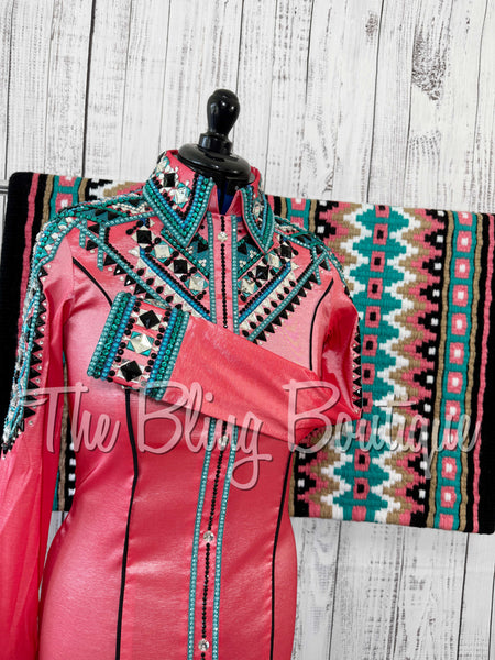 Coral, Teal, Black & White Day Shirt Set (Medium)