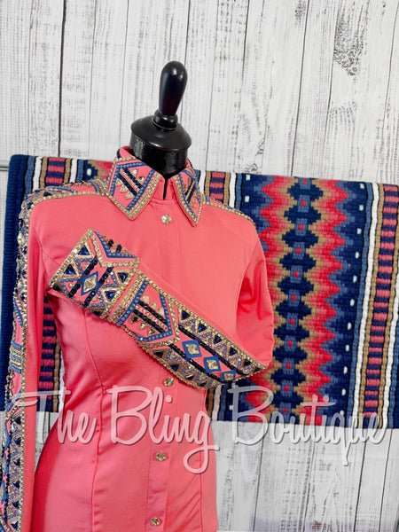 Coral, Navy Blue, Peach & Tan Day Shirt Set (Small)